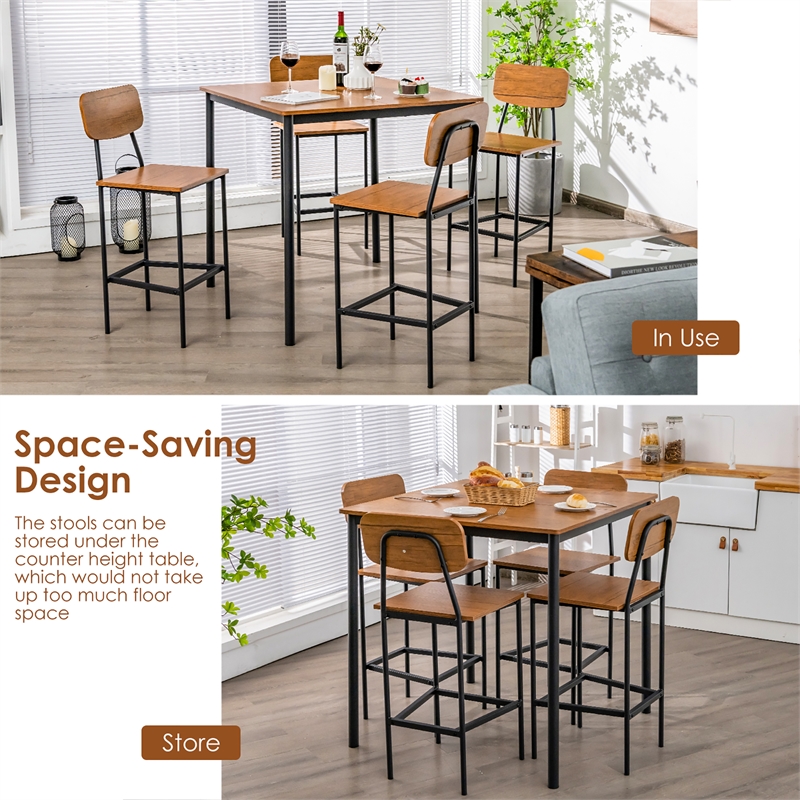 Pemberly Row 5 PCS Industrial Dining Table Set with 4 Bar Stools Brown