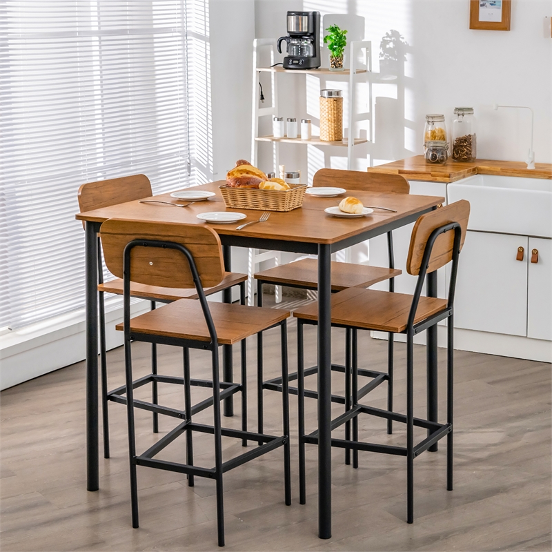 Pemberly Row 5 PCS Industrial Dining Table Set with 4 Bar Stools Brown
