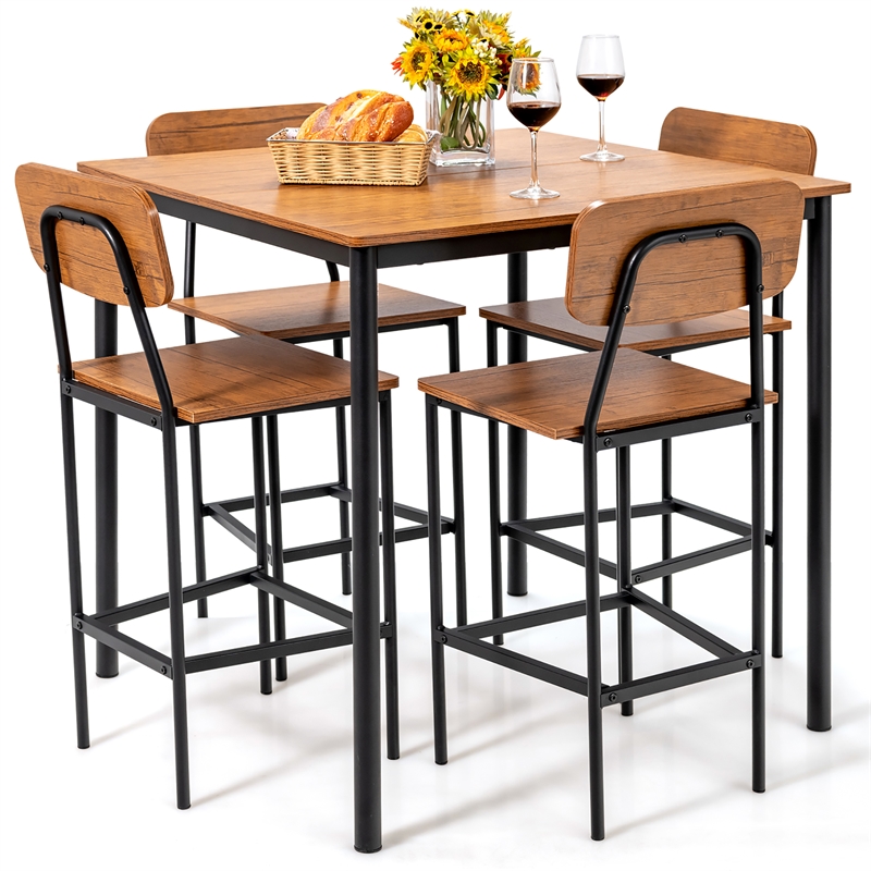 Pemberly Row 5 PCS Industrial Dining Table Set with 4 Bar Stools Brown