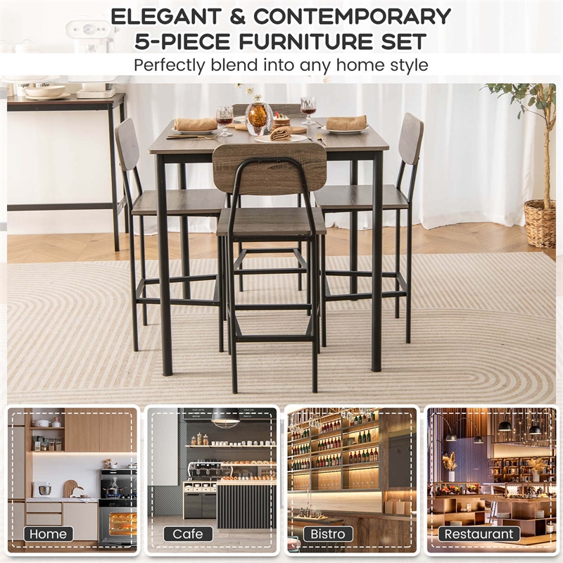 Pemberly Row 5 PCS Industrial Dining Table Set with 4 Bar Stools Gray