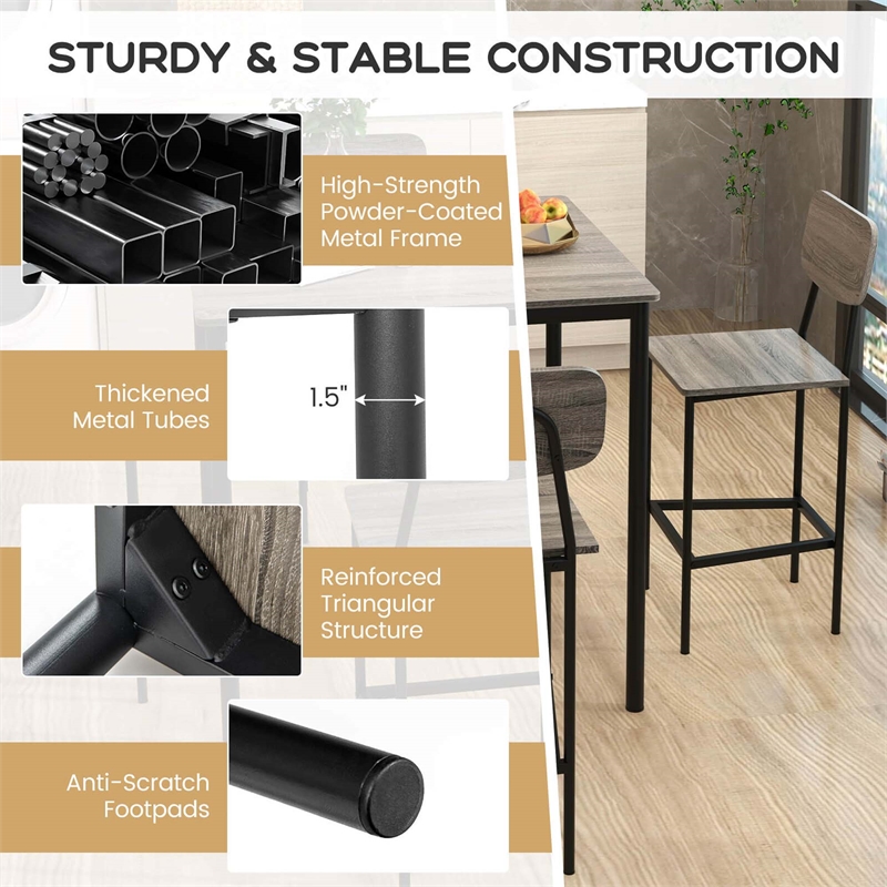 Pemberly Row 5 PCS Industrial Dining Table Set with 4 Bar Stools Gray