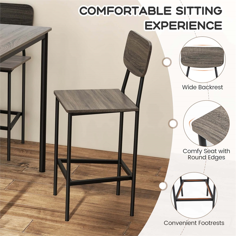 Pemberly Row 5 PCS Industrial Dining Table Set with 4 Bar Stools Gray