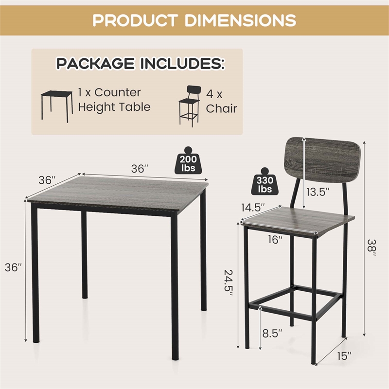 Pemberly Row 5 PCS Industrial Dining Table Set with 4 Bar Stools Gray