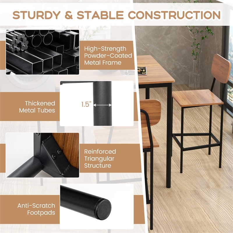 Pemberly Row 5 PCS Industrial Dining Table Set with 4 Bar Stools Walnut