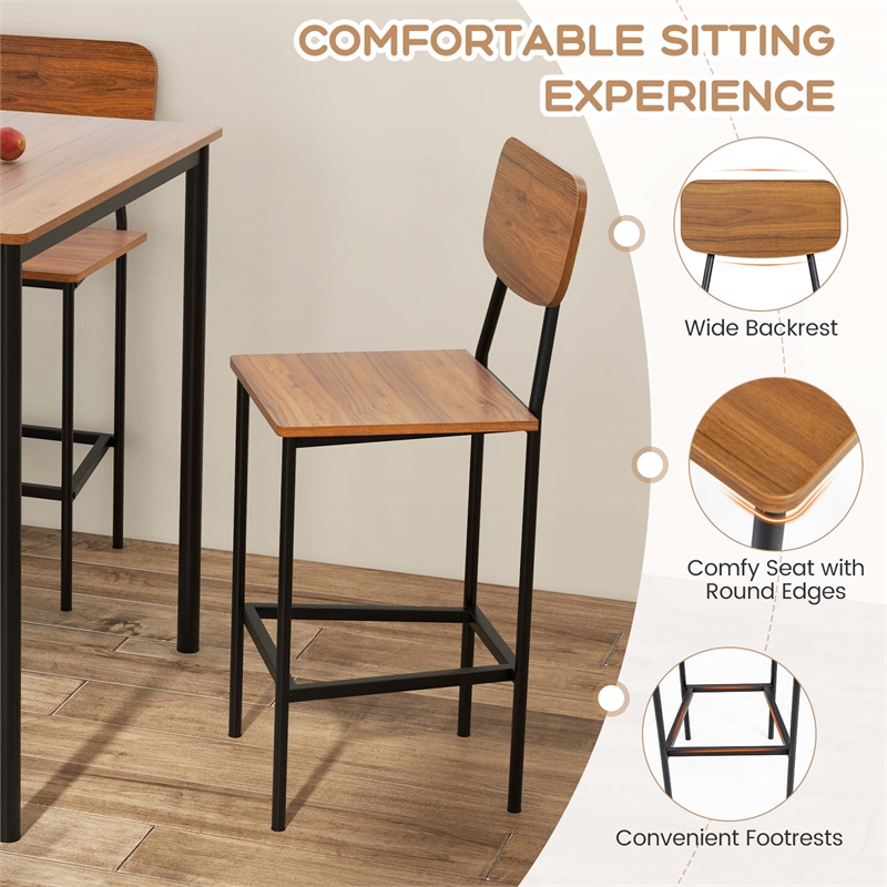 Pemberly Row 5 PCS Industrial Dining Table Set with 4 Bar Stools Walnut