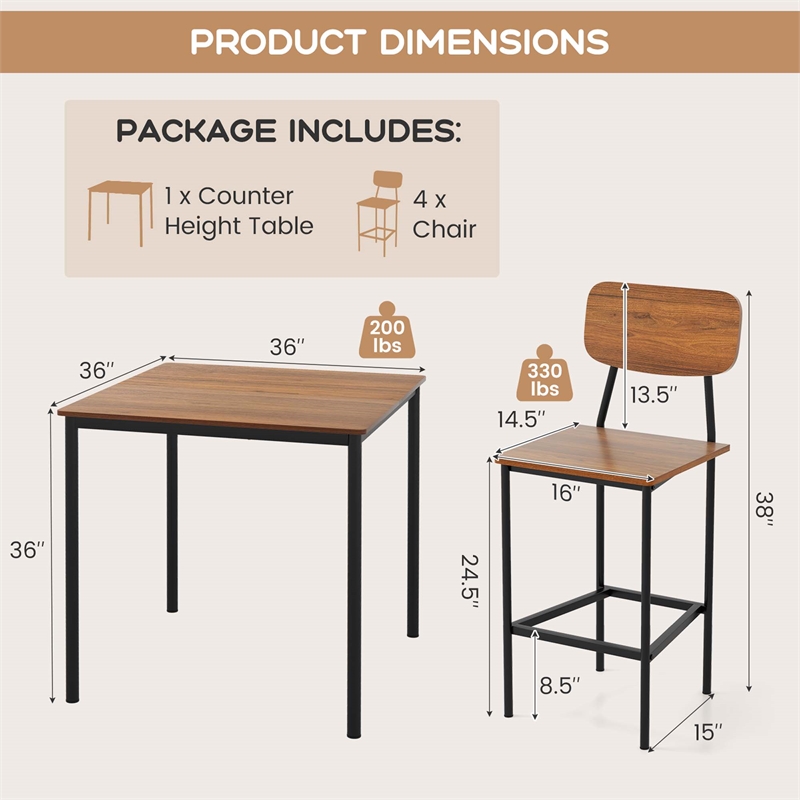 Pemberly Row 5 PCS Industrial Dining Table Set with 4 Bar Stools Walnut