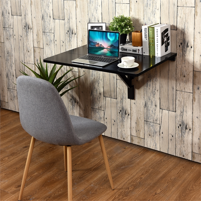 Pemberly Row Wall Mounted Drop Leaf Table Floating Folding Desk Black