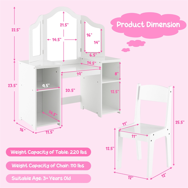Pemberly Row Vanity 2 in 1 Princess Makeup Desk and Chair Set Safe White