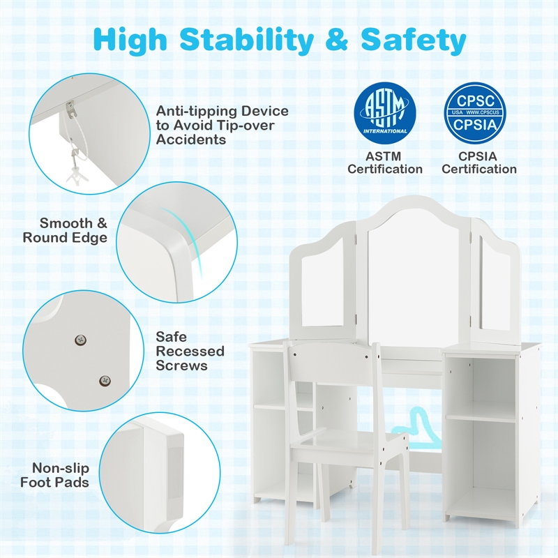 Pemberly Row Vanity 2 in 1 Princess Makeup Desk and Chair Set Safe White