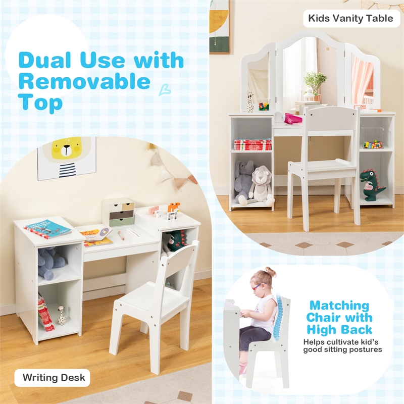 Pemberly Row Vanity 2 in 1 Princess Makeup Desk and Chair Set Safe White