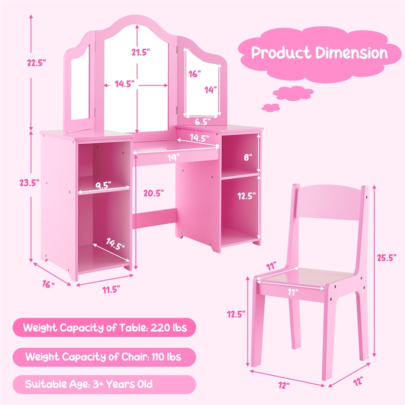 Pemberly Row Vanity 2 in 1 Princess Makeup Desk and Chair Set Safe Pink