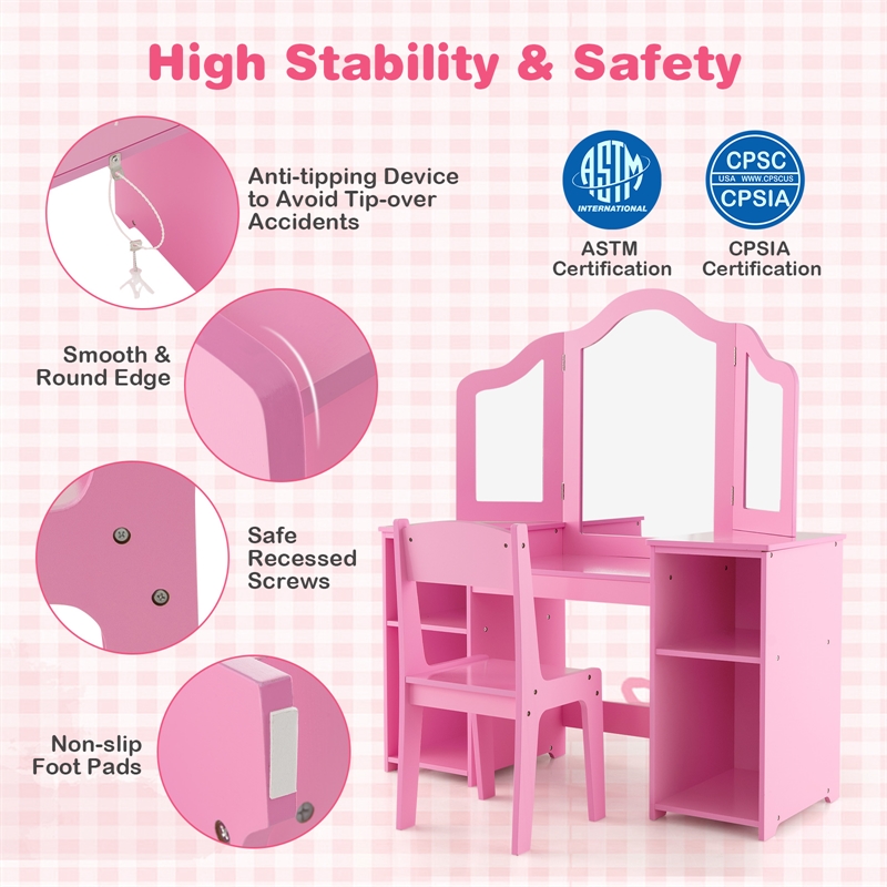 Pemberly Row Vanity 2 in 1 Princess Makeup Desk and Chair Set Safe Pink
