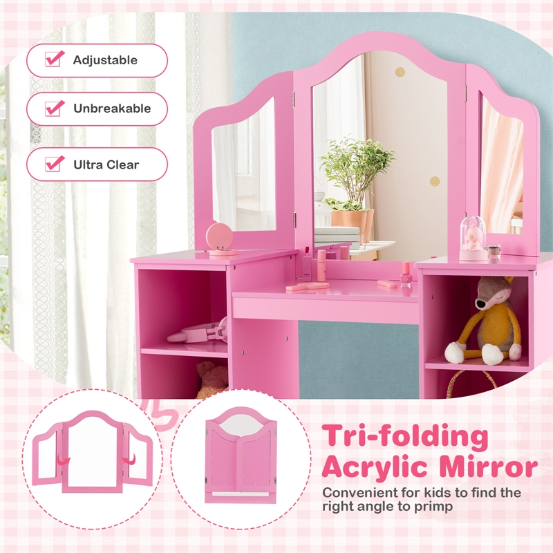 Pemberly Row Vanity 2 in 1 Princess Makeup Desk and Chair Set Safe Pink
