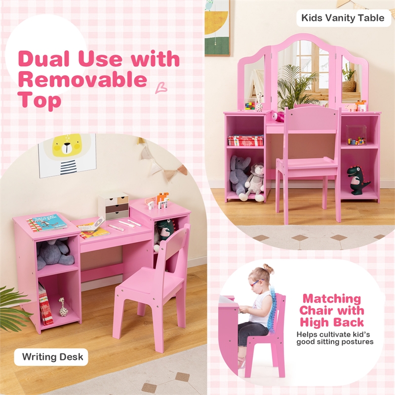 Pemberly Row Vanity 2 in 1 Princess Makeup Desk and Chair Set Safe Pink