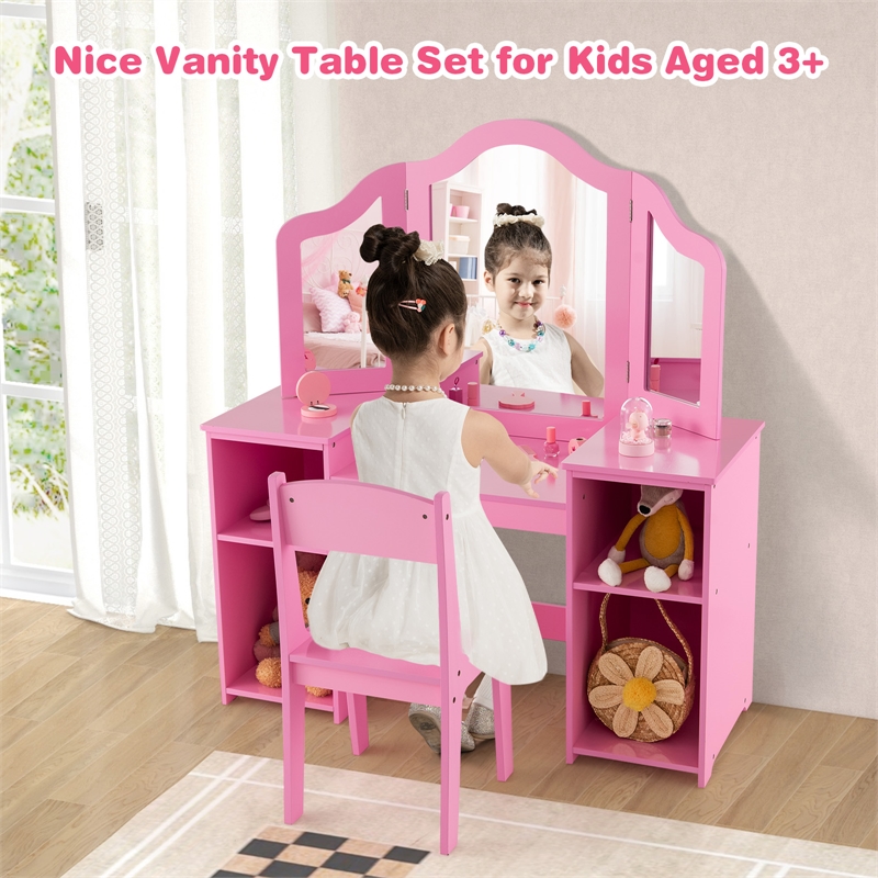 Pemberly Row Vanity 2 in 1 Princess Makeup Desk and Chair Set Safe Pink