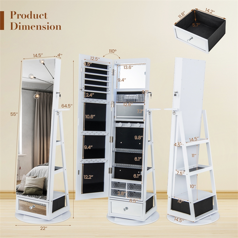 Pemberly Row Swivel Jewelry Cabinet Standing Armoire Organizer w/LED Light White