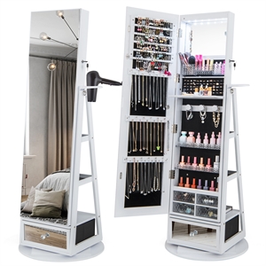 Pemberly Row Swivel Jewelry Cabinet Standing Armoire Organizer w/LED Light White