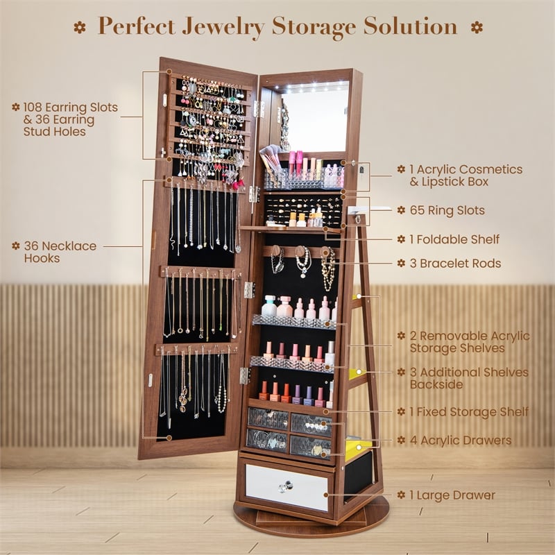Pemberly Row Swivel Jewelry Cabinet Standing Armoire Organizer w/LED