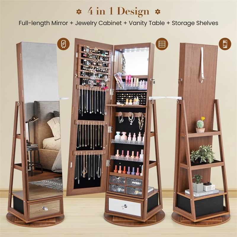 Pemberly Row Swivel Jewelry Cabinet Standing Armoire Organizer w/LED