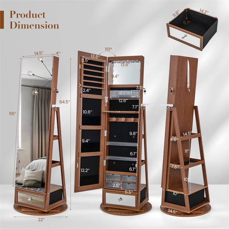 Pemberly Row Swivel Jewelry Cabinet Standing Armoire Organizer w/LED