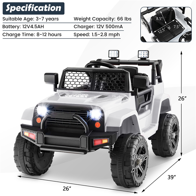 Pemberly Row 12V Kids Ride On Truck Car Electric Vehicle Remote White