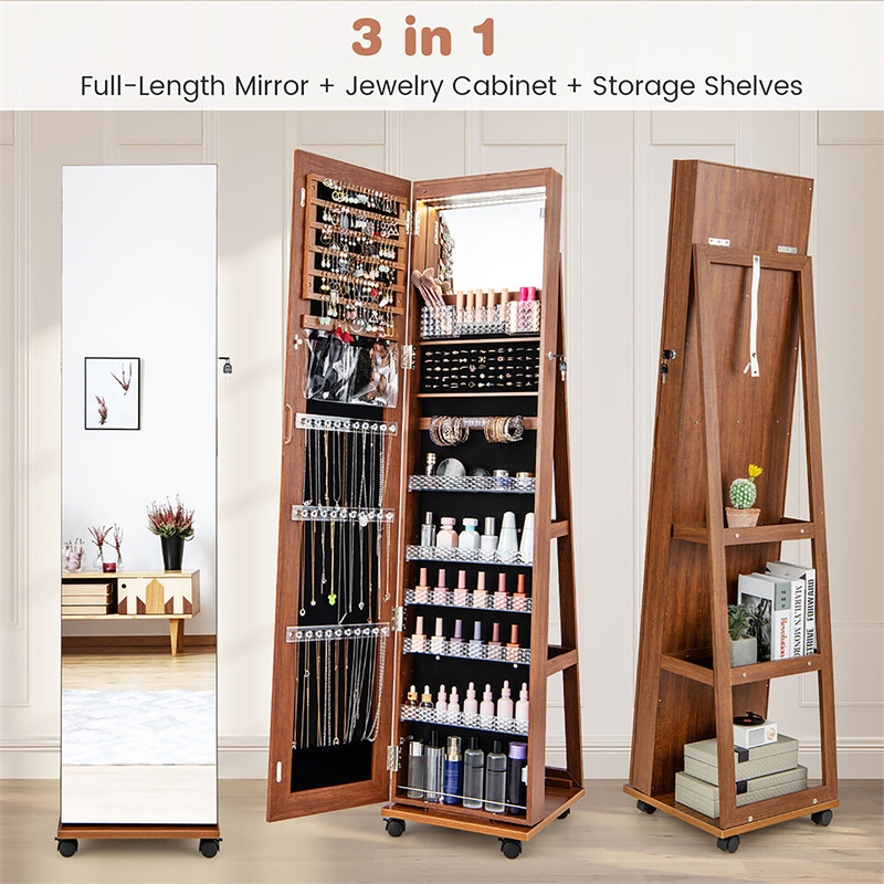 Pemberly Row 64 inch Jewelry Organizer Lockable Jewelry Cabinet Armoire Brown