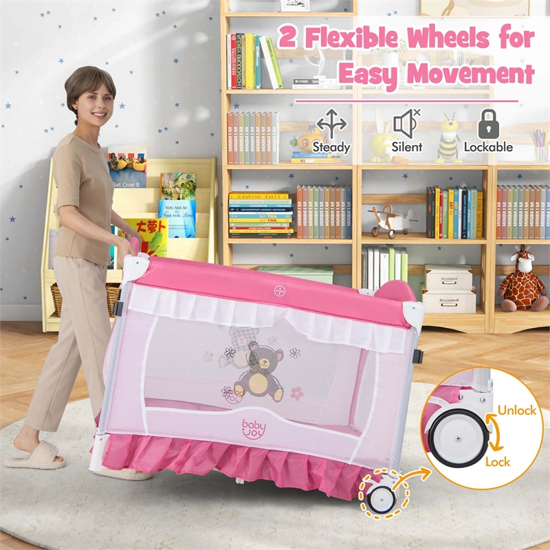 Pemberly Row Portable Baby Crib Cradle Bassinet Changing Pad Mosquito Net Pink
