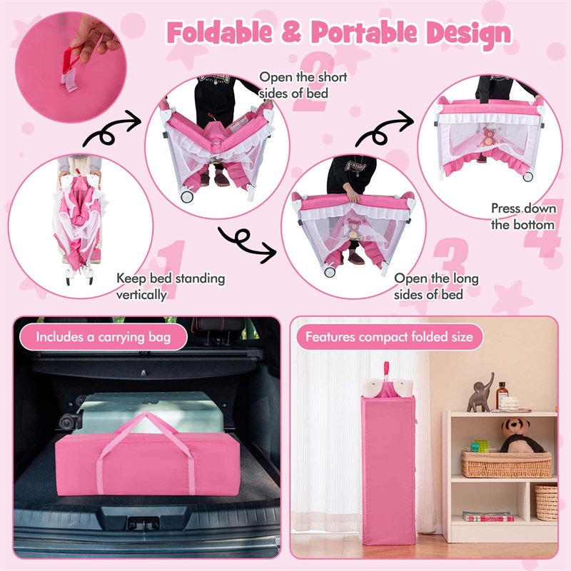 Pemberly Row Portable Baby Crib Cradle Bassinet Changing Pad Mosquito Net Pink