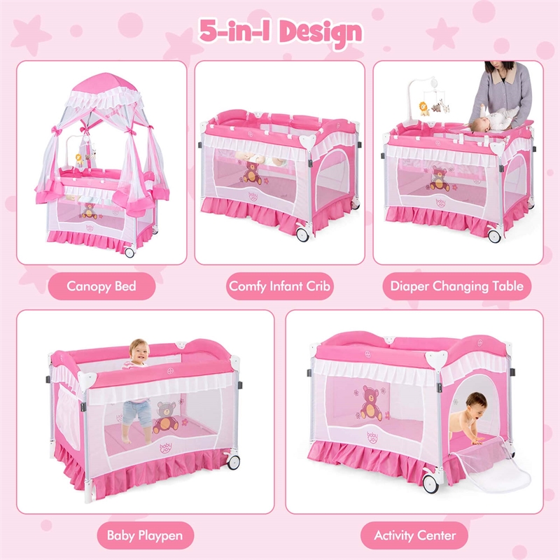 Pemberly Row Portable Baby Crib Cradle Bassinet Changing Pad Mosquito Net Pink