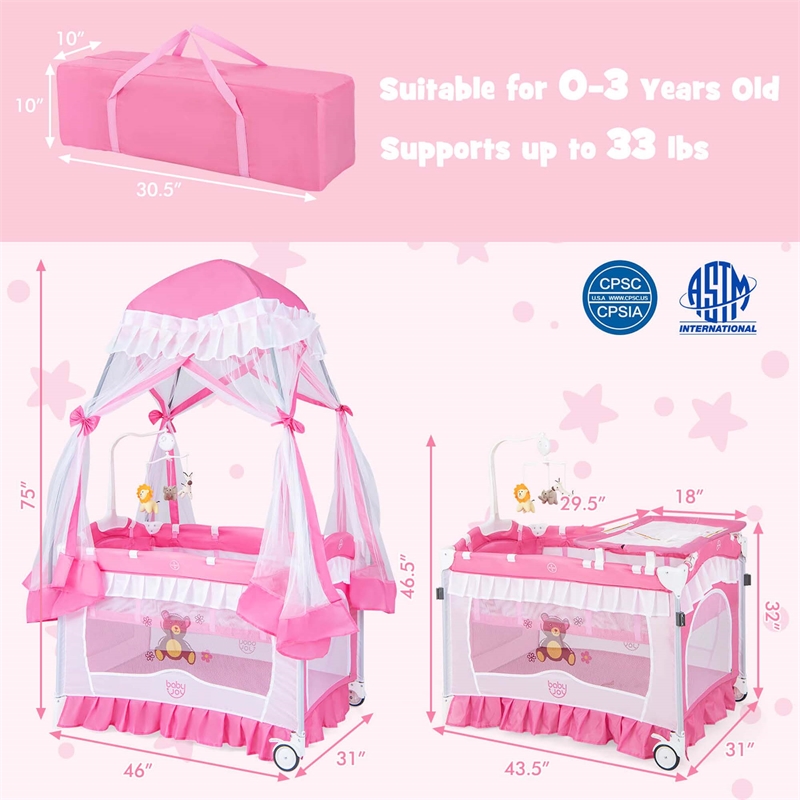 Pemberly Row Portable Baby Crib Cradle Bassinet Changing Pad Mosquito Net Pink
