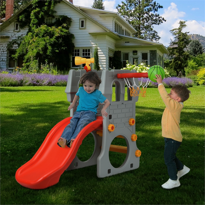 Pemberly Row Children Climber Slide Set w/ Basketball Hoop and Telescope Toy