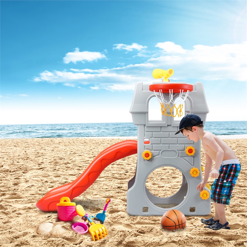 Pemberly Row Children Climber Slide Set w/ Basketball Hoop and Telescope Toy