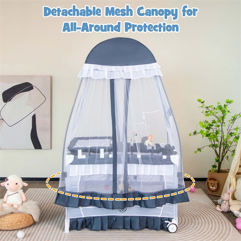 Pemberly Row Portable Baby Crib Cradle Bassinet Changing Pad Mosquito Net Gray