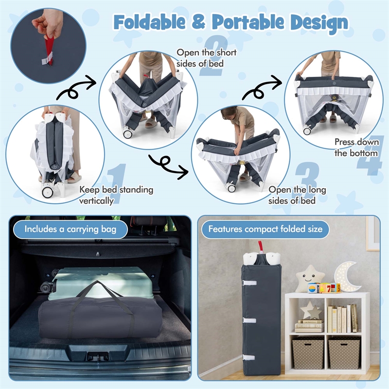 Pemberly Row Portable Baby Crib Cradle Bassinet Changing Pad Mosquito Net Gray