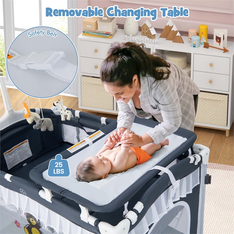 Pemberly Row Portable Baby Crib Cradle Bassinet Changing Pad Mosquito Net Gray