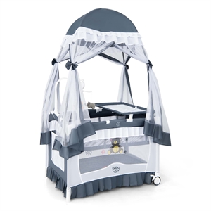 Pemberly Row Portable Baby Crib Cradle Bassinet Changing Pad Mosquito Net Gray