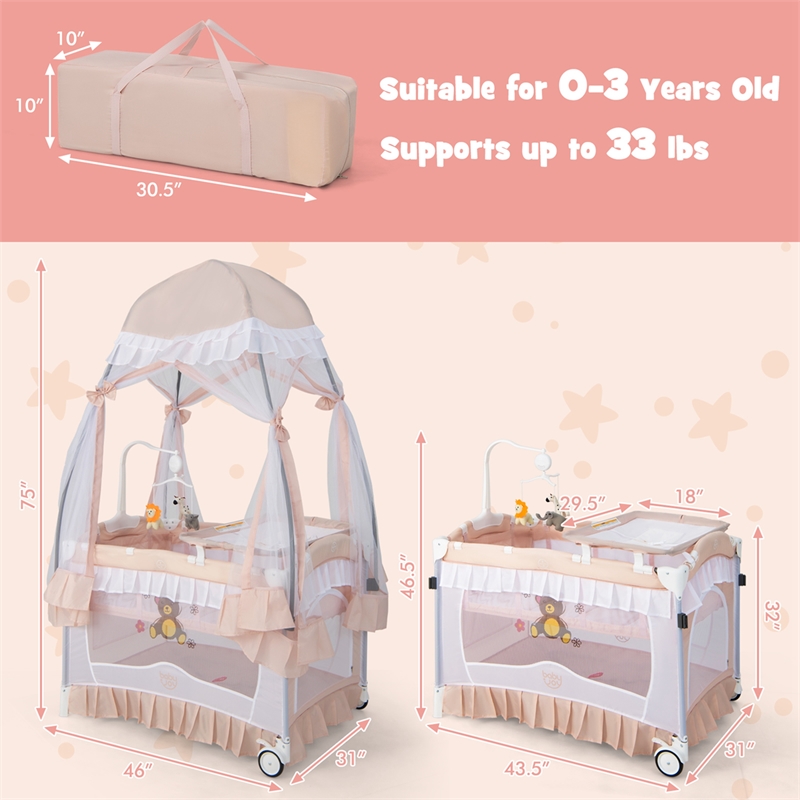Pemberly Row Portable Baby Crib Cradle Bassinet Changing Pad Mosquito Net