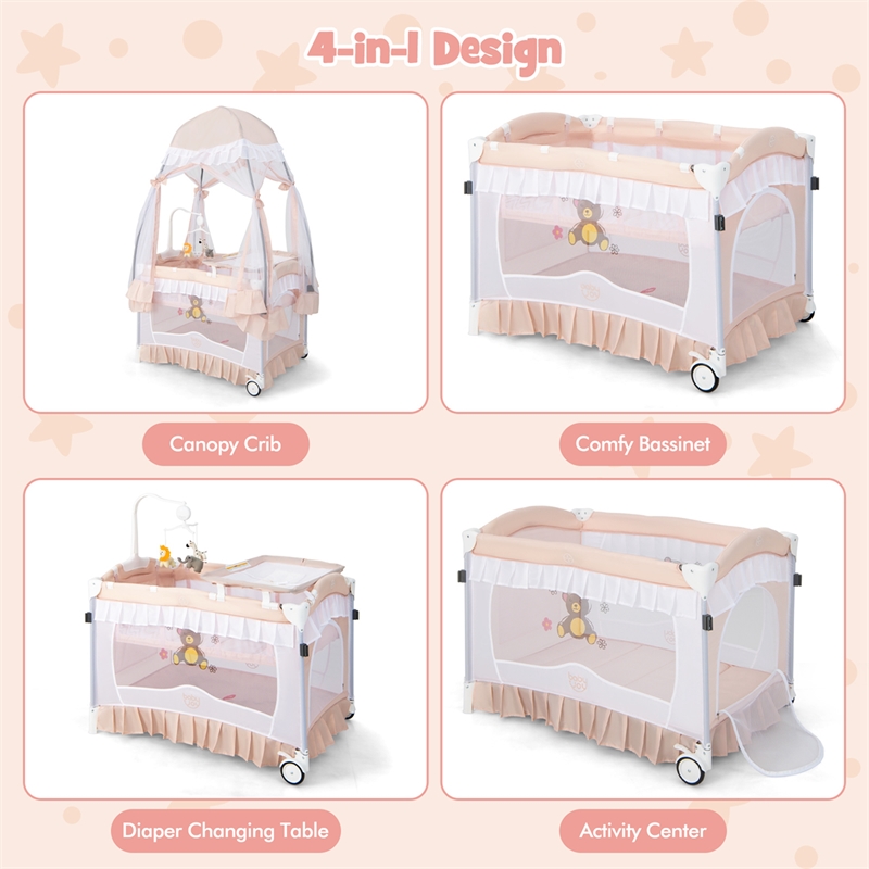 Pemberly Row Portable Baby Crib Cradle Bassinet Changing Pad Mosquito Net