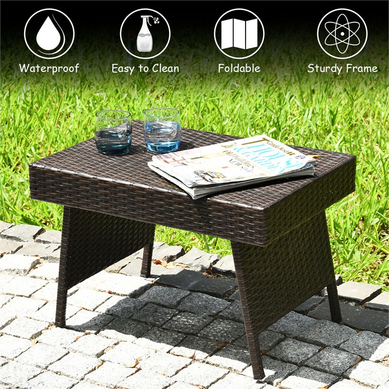 Pemberly Row Patio Folding Wicker Side Coffee Table Poolside Garden Lawn Bistro