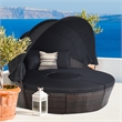 Pemberly Row Patio Rattan Daybed Cushioned Sofa Table Top Canopy Black