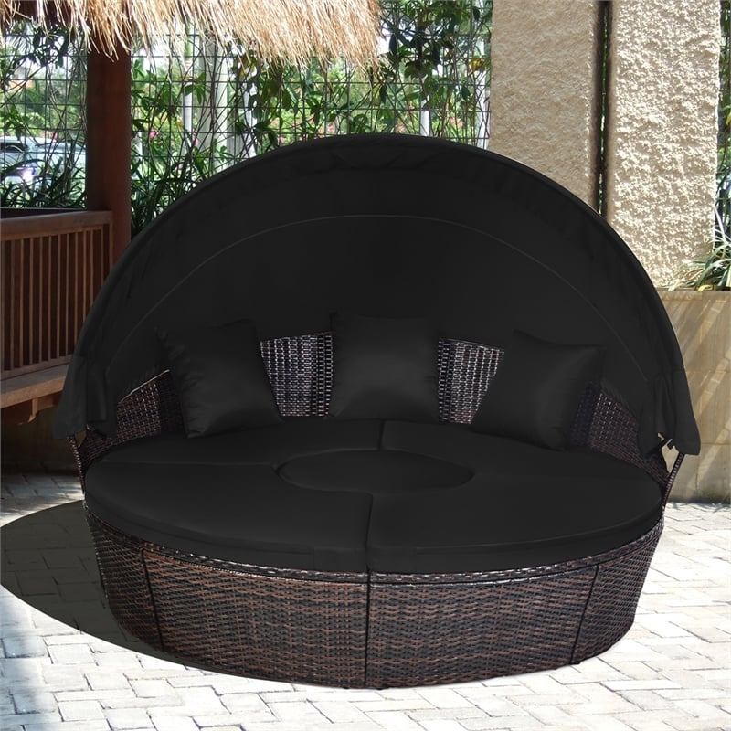 Pemberly Row Patio Rattan Daybed Cushioned Sofa Table Top Canopy Black