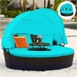 Pemberly Row Patio Rattan Daybed Cushioned Sofa Table Top Canopy Turquoise