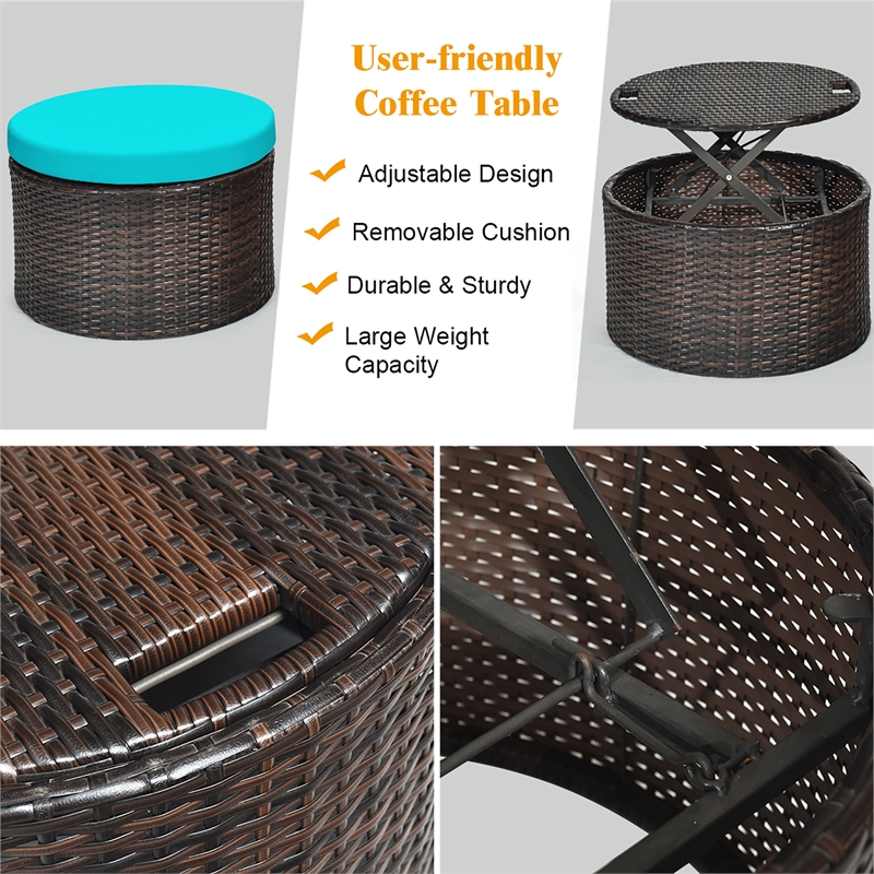 Pemberly Row Patio Rattan Daybed Cushioned Sofa Table Top Canopy Turquoise