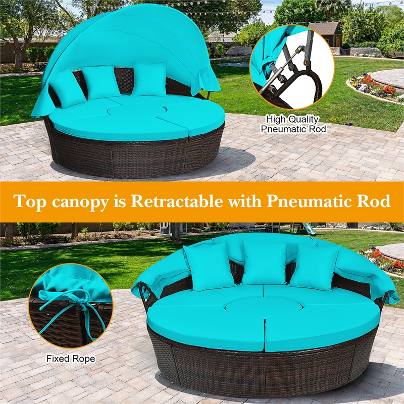 Pemberly Row Patio Rattan Daybed Cushioned Sofa Table Top Canopy Turquoise
