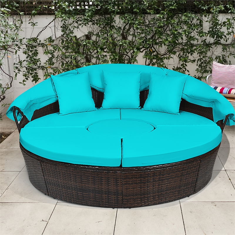 Pemberly Row Patio Rattan Daybed Cushioned Sofa Table Top Canopy Turquoise