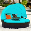 Pemberly Row Patio Rattan Daybed Cushioned Sofa Table Top Canopy Turquoise