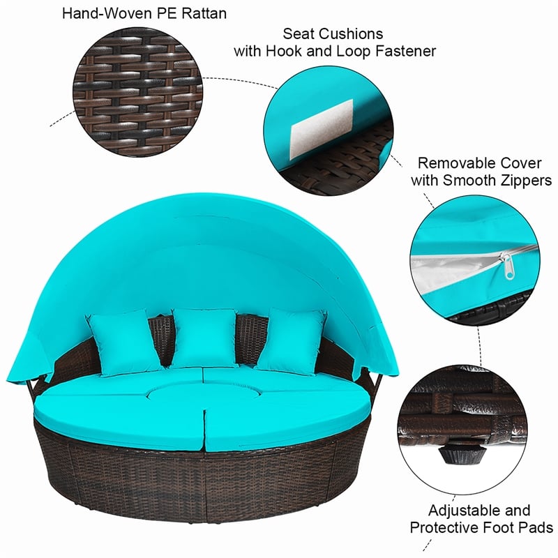 Pemberly Row Patio Rattan Daybed Cushioned Sofa Table Top Canopy Turquoise