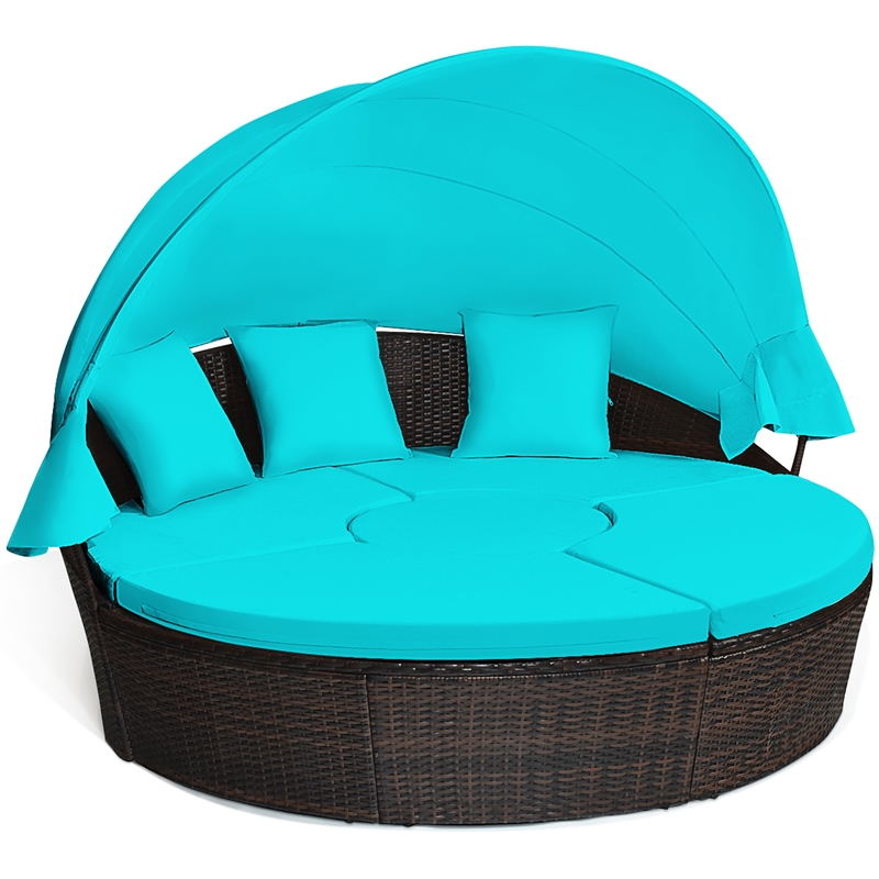 Pemberly Row Patio Rattan Daybed Cushioned Sofa Table Top Canopy Turquoise
