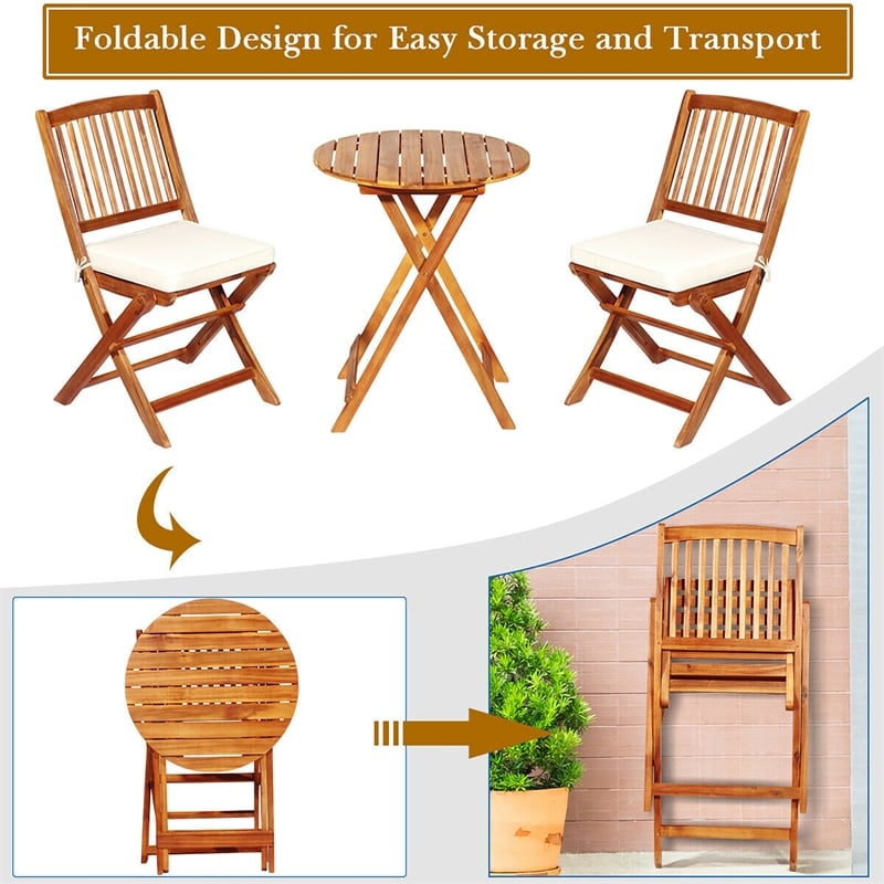 Pemberly Row 3PCS Patio Folding Bistro Set Cushioned Chair Conversation Cream