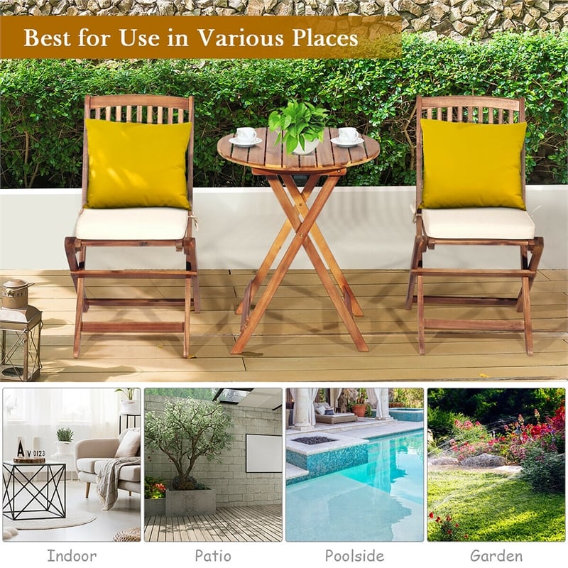 Pemberly Row 3PCS Patio Folding Bistro Set Cushioned Chair Conversation Cream